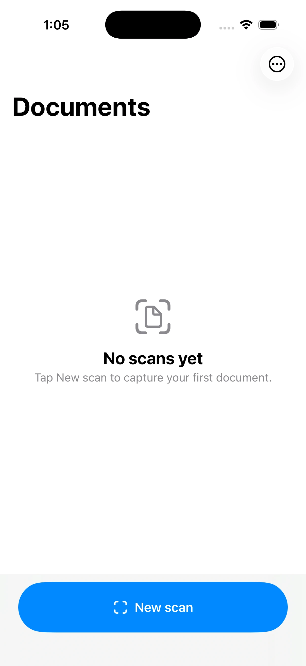 Dokumentumszkennelő iPhone-alkalmazás dokumentumlistája és az új szkennelés indítógombja