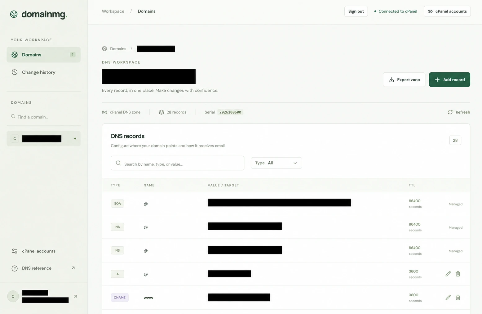 A domainmg központi domainkezelő DNS-munkafelülete, rekordlistával és szerkesztési lehetőségekkel