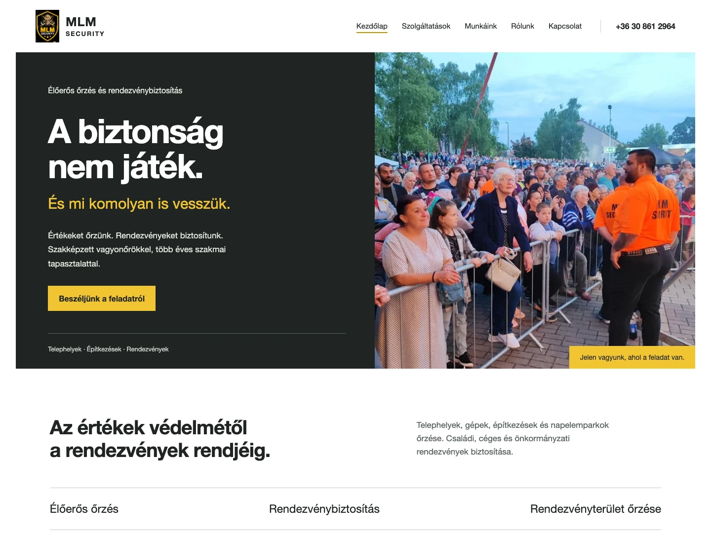 Az MLM Security weboldala, rendezvénybiztosítással a nyitóképen