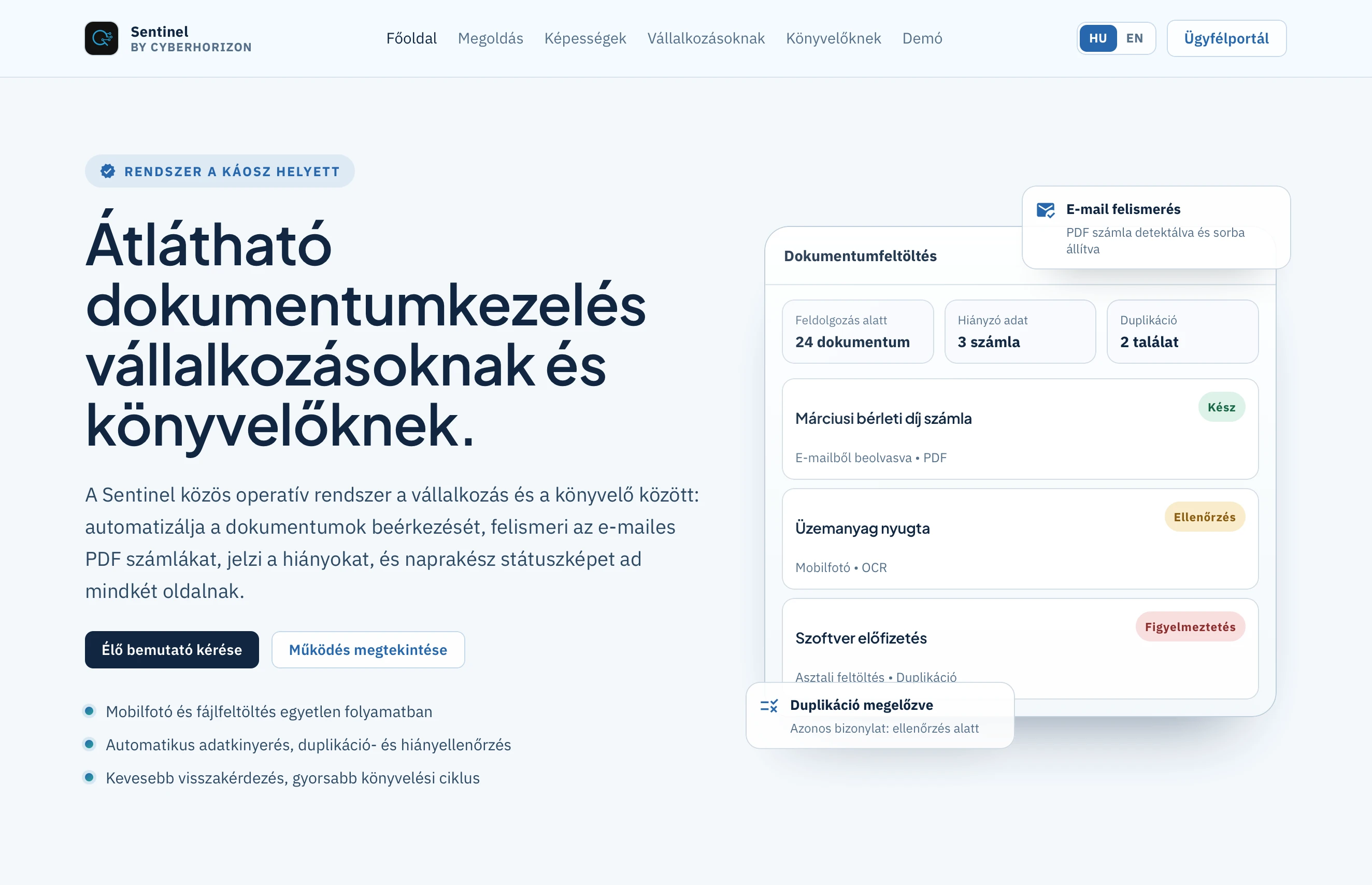 A Sentinel dokumentumkezelő rendszer bemutatkozó oldala